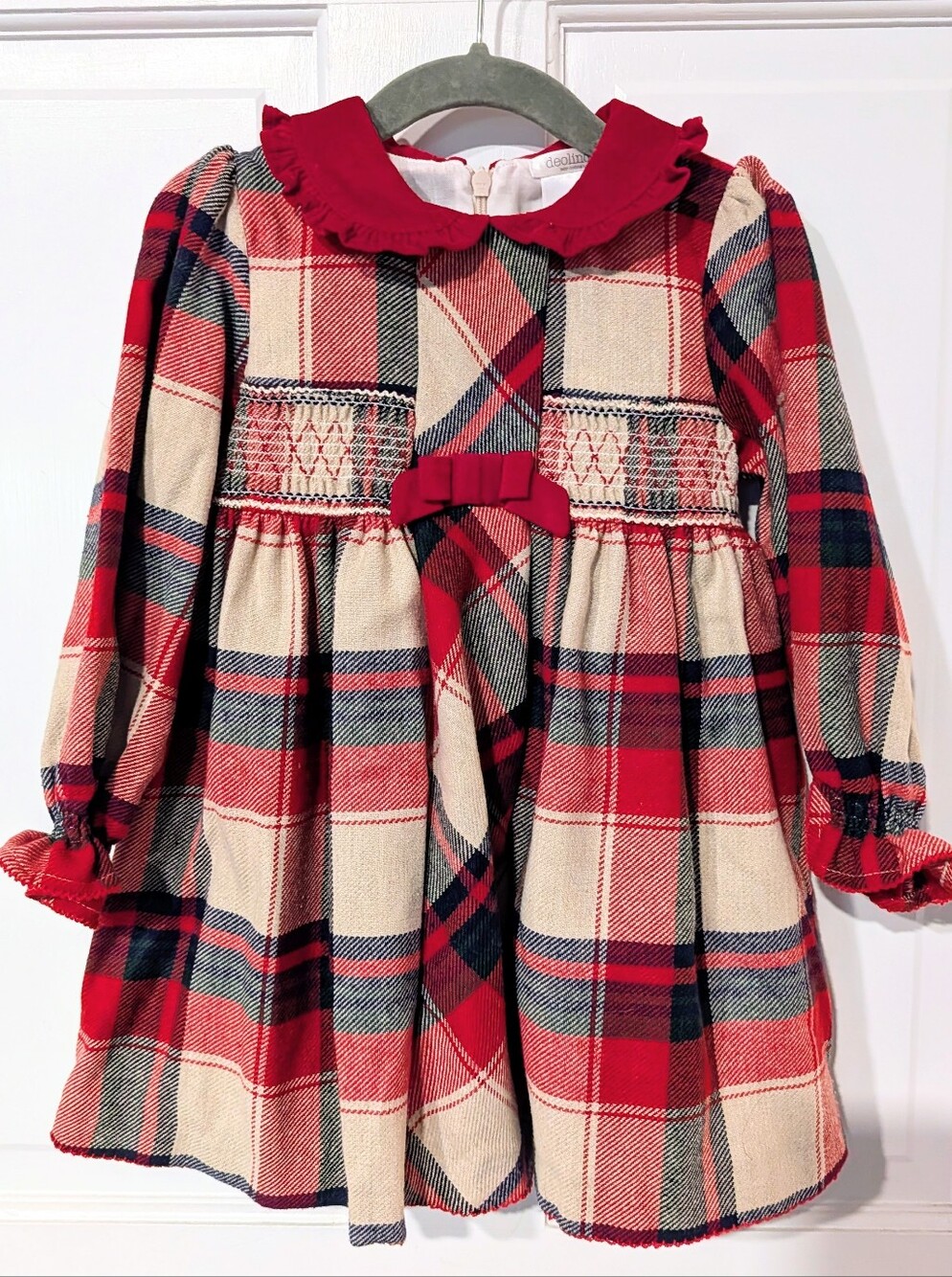 Girls Red Plaid Smocked Dress with Ruffle Collar